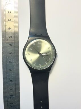 Swatch Silver Sunburst Dial Black Strap Watch